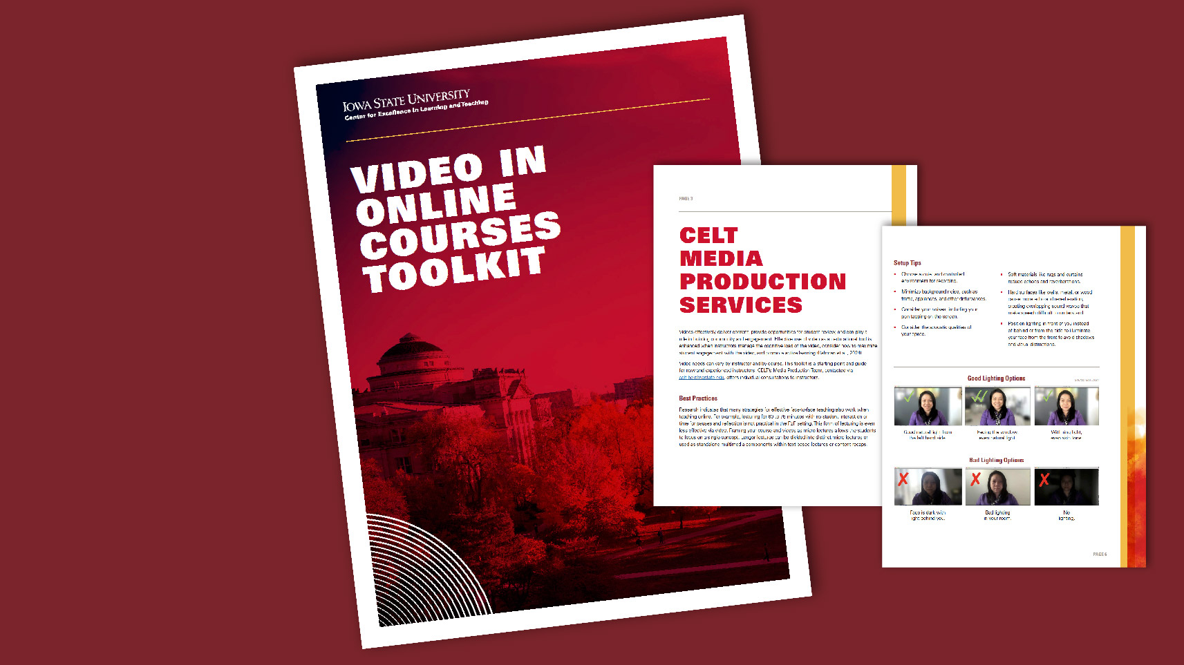 The image displays the cover and two inside pages of a toolkit booklet titled "Video in Online Courses Toolkit" from Iowa State University’s Center for Excellence in Learning and Teaching. The cover features an image of a campus building set against a backdrop of autumn trees, with a red gradient overlay and white text. The inside pages provide information about CELT Media Production Services, offering best practices, setup tips, and lighting options for video production.